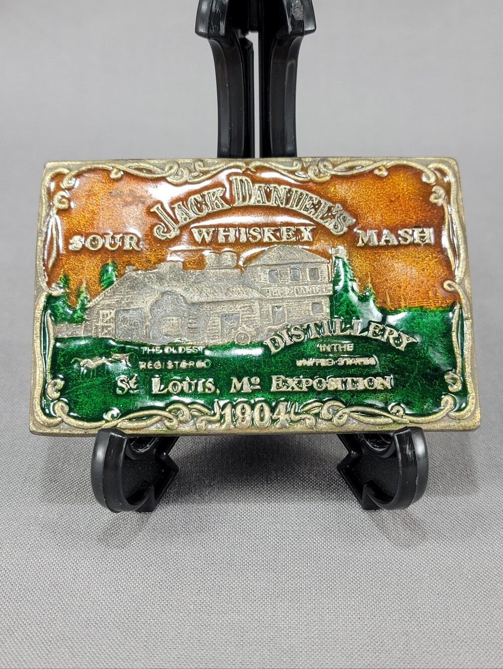 Vtg Jack Daniel's Sour Mash Whiskey Belt Buckle Enamel 1904 ***Broken***